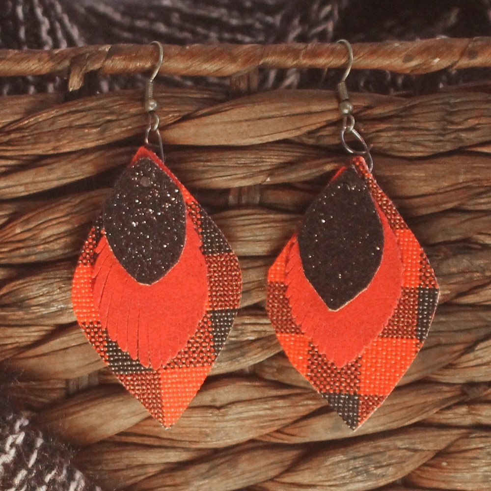 Faux leather leaf-shaped earrings with 3 layers